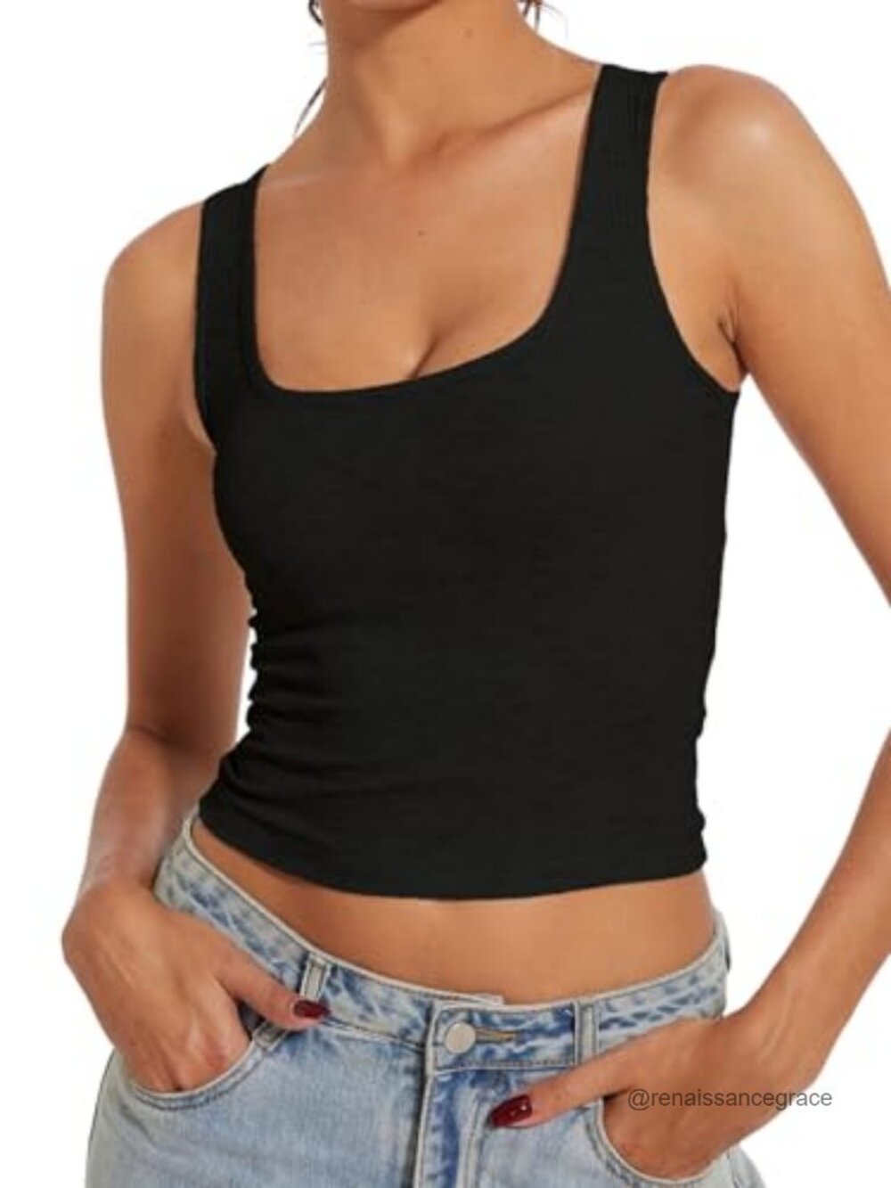 Ribbed Crop Tank Top Scoop Neck High Back Sleeveless Slim Fit